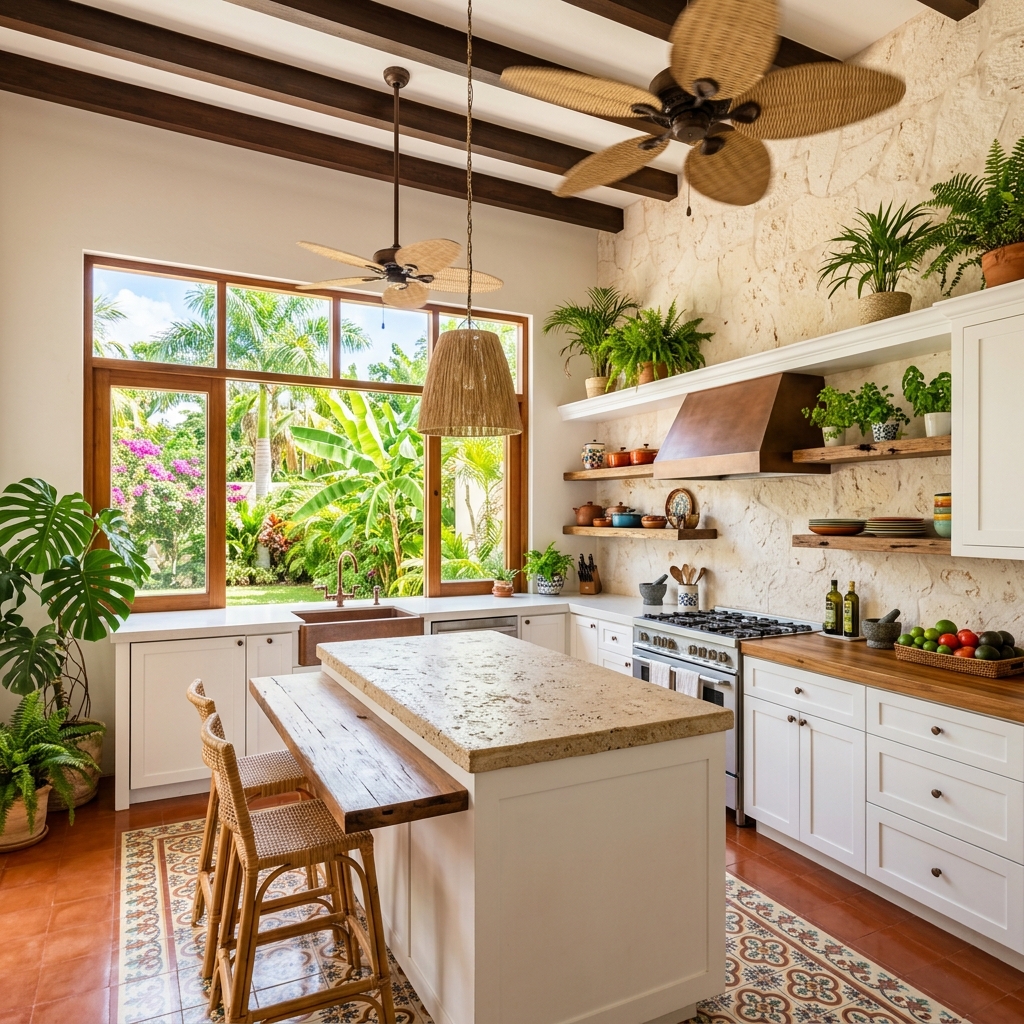 Cocina Mérida con cantera y blancos
