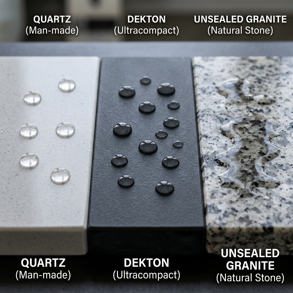 Prueba de absorción en cuarzo, granito y Dekton